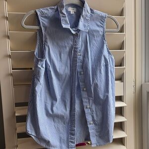 J. Crew Blue and White Striped Sleeveless Button-Up Shirt